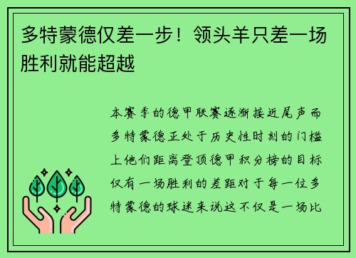多特蒙德仅差一步！领头羊只差一场胜利就能超越